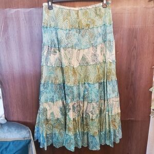 Tiered Floral Maxi Skirt in Aqua and Olive